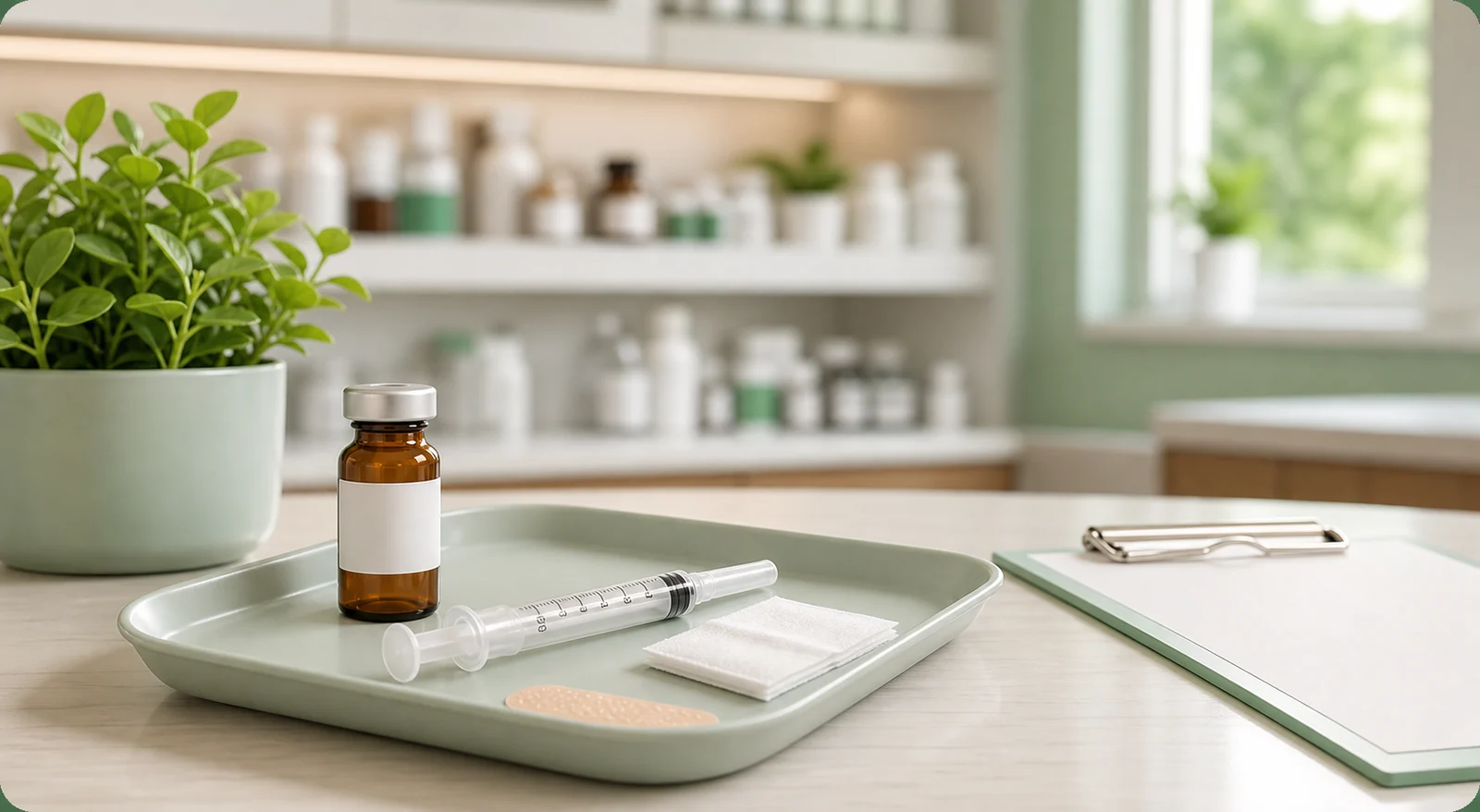 Vitamin B12 injection supplies in a modern pharmacy consultation setting