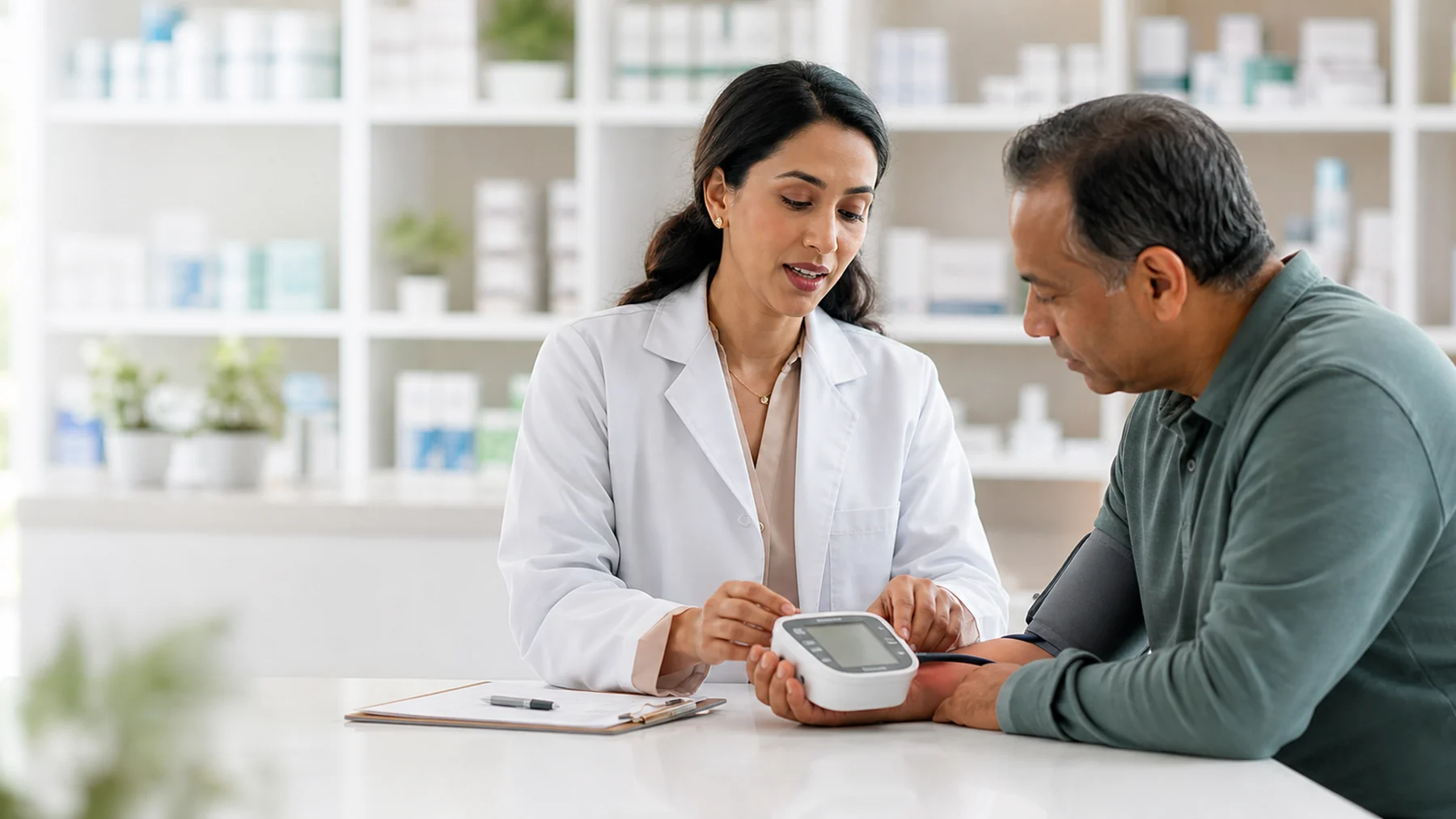 Pharmacist helping a patient review a blood pressure monitor during a consultation at Sirocco Pharmacy in Calgary SW