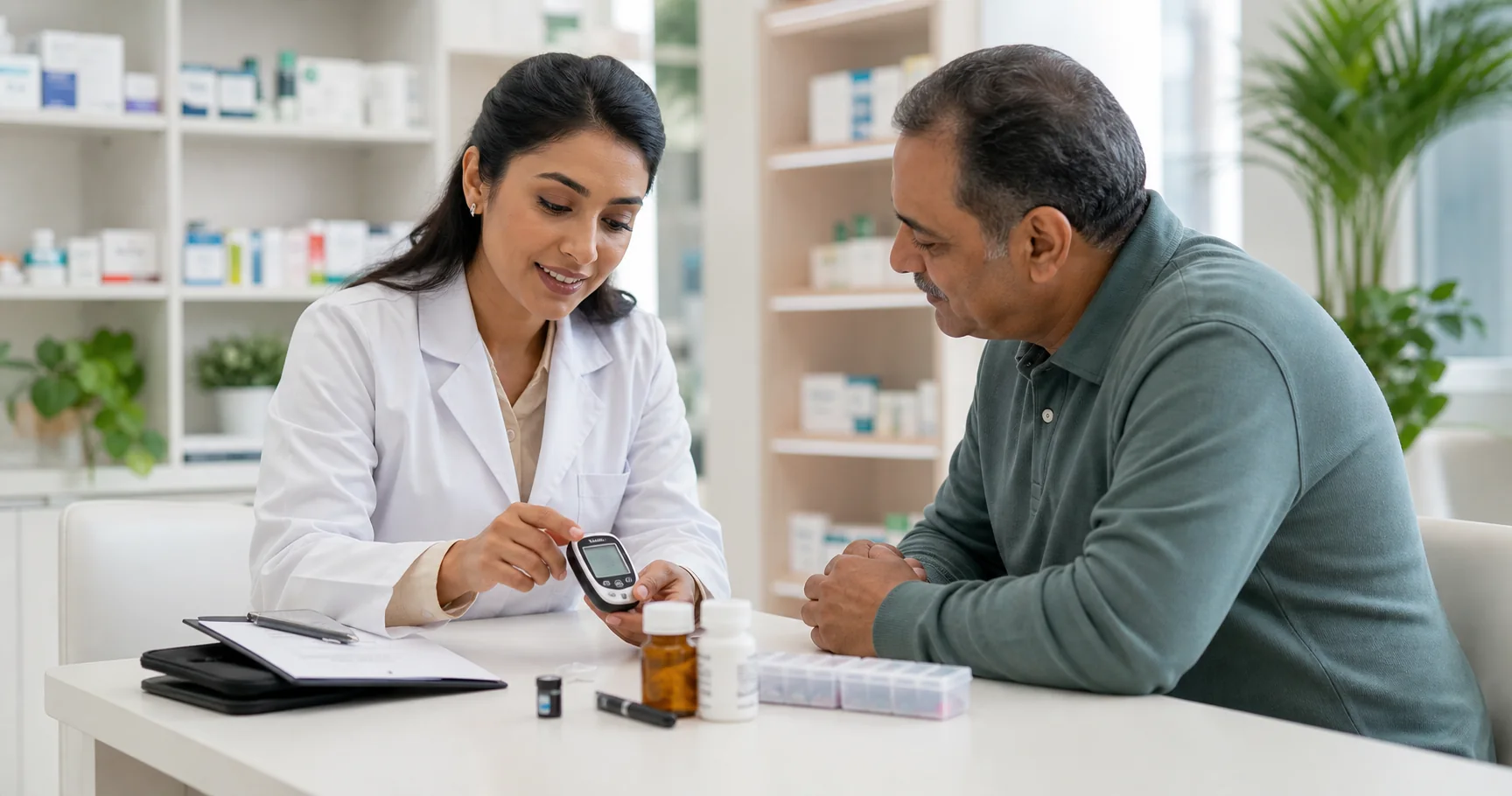 Pharmacist providing a diabetes consultation to a patient at Sirocco Pharmacy