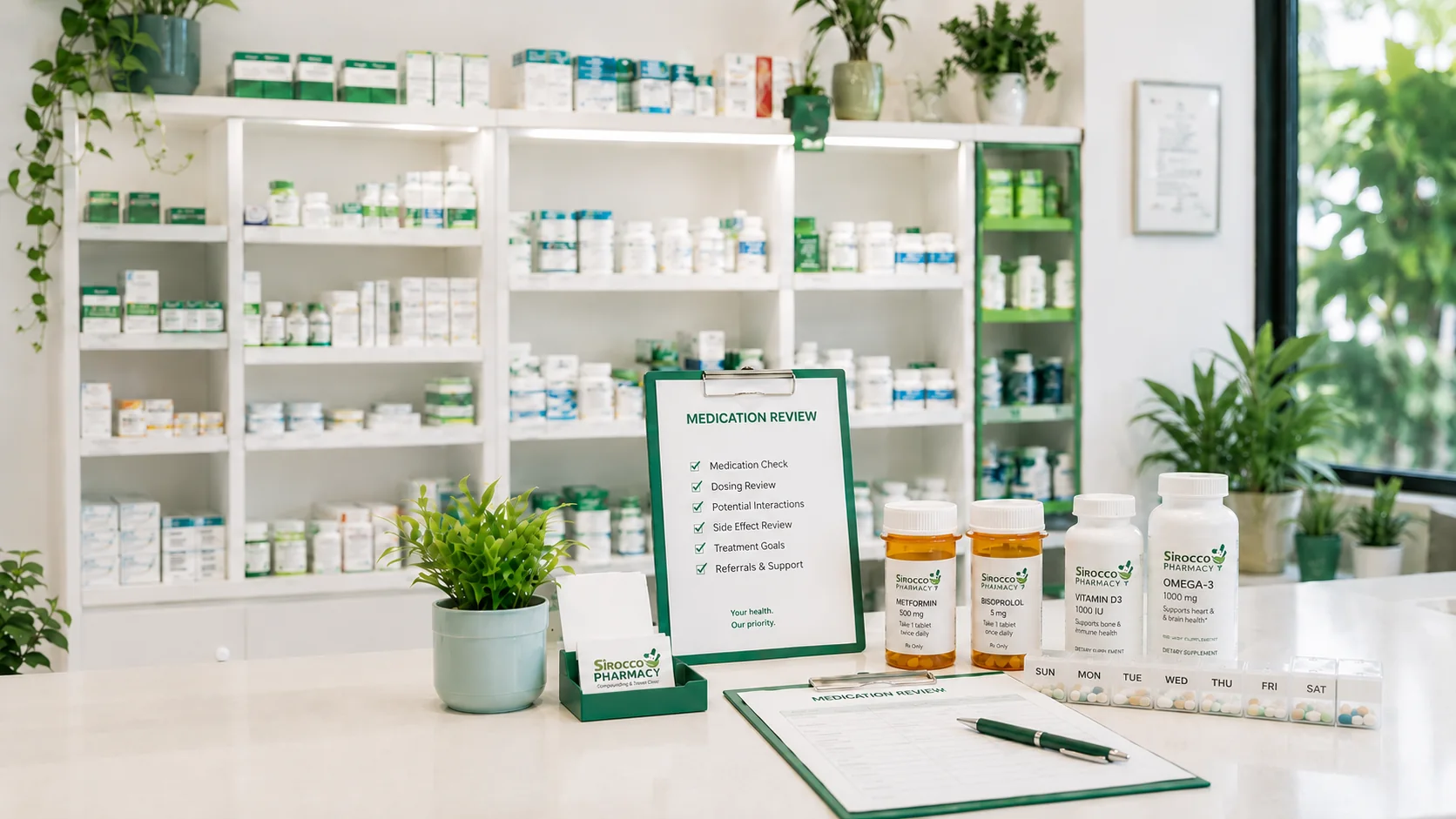 Medication review checklist and organized prescriptions at Sirocco Pharmacy in Calgary