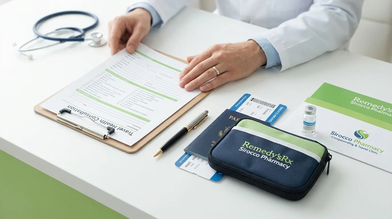 Travel clinic consultation materials at Sirocco Pharmacy in Calgary SW