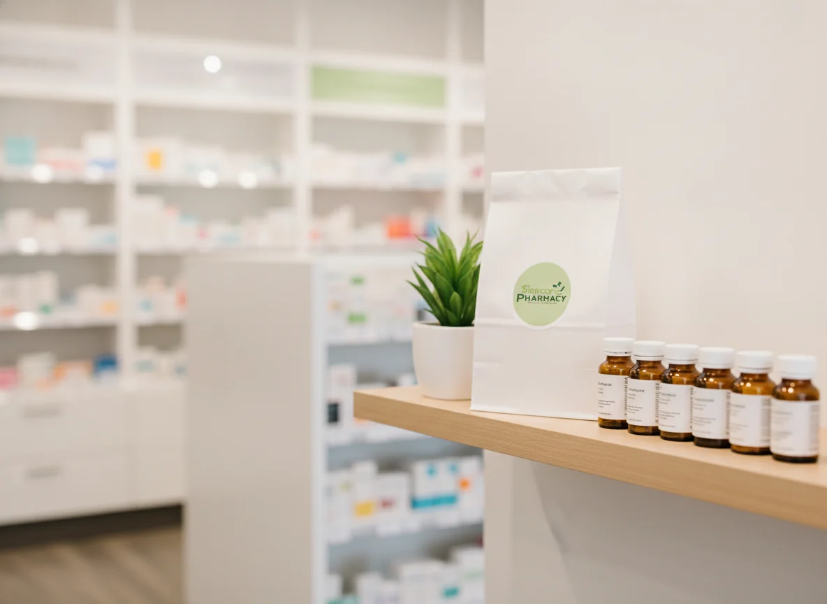 Sirocco Pharmacy branded medication bag and prescription bottles in a Calgary SW pharmacy setting
