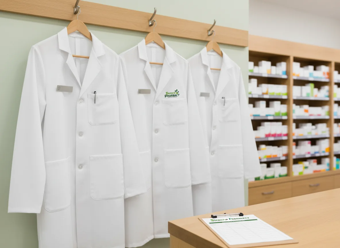 Sirocco Pharmacy team lab coats in a Calgary SW pharmacy setting