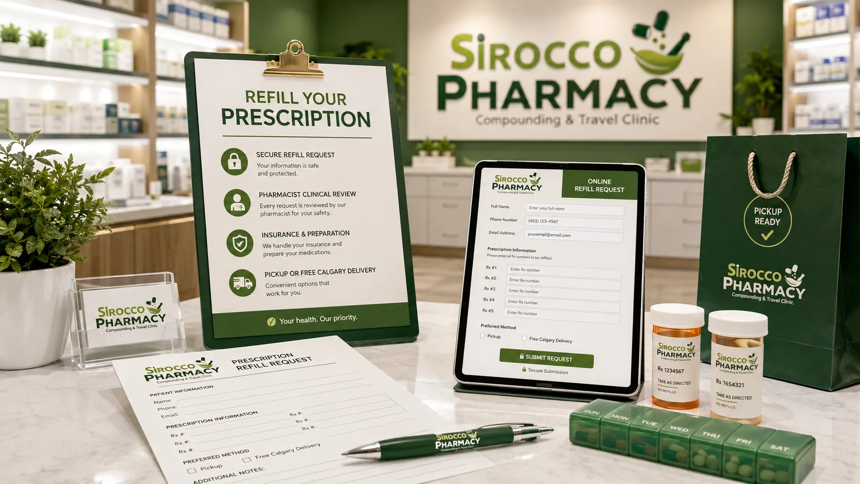 Illustration of an online prescription refill request with Rx document, medication, and secure pharmacy review