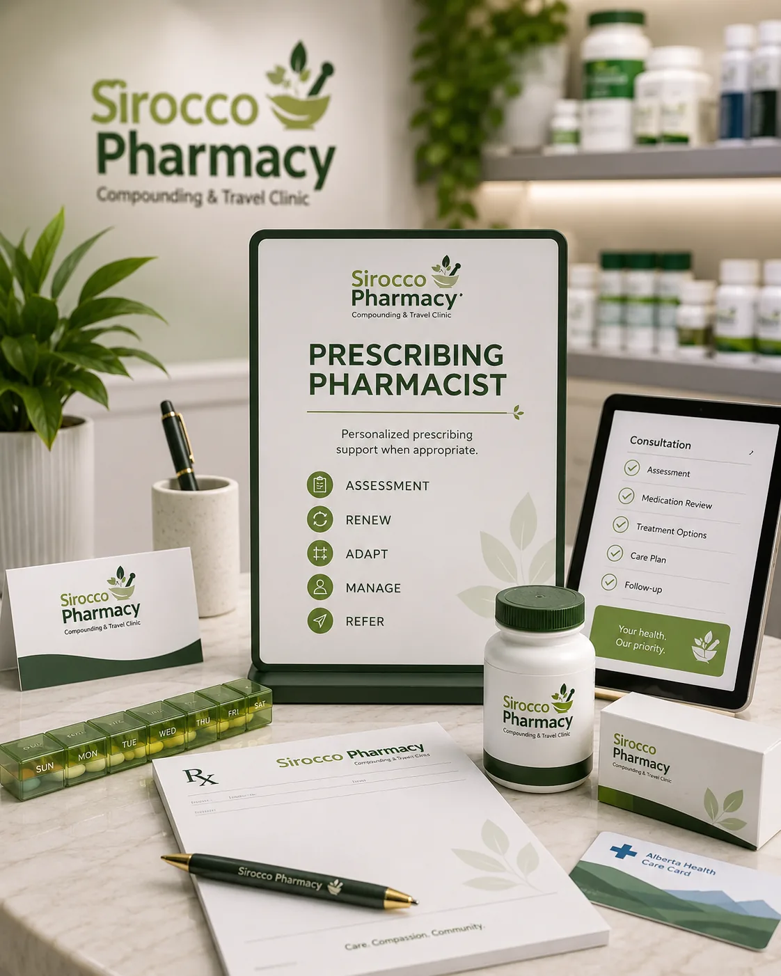 Prescribing pharmacist consultation with a patient at Sirocco Pharmacy in Calgary